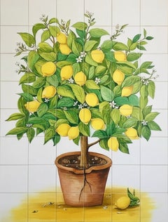 Outdoor Portuguese Tile Mural "Lemon Tree" Hand Painted and Signed by Artist
