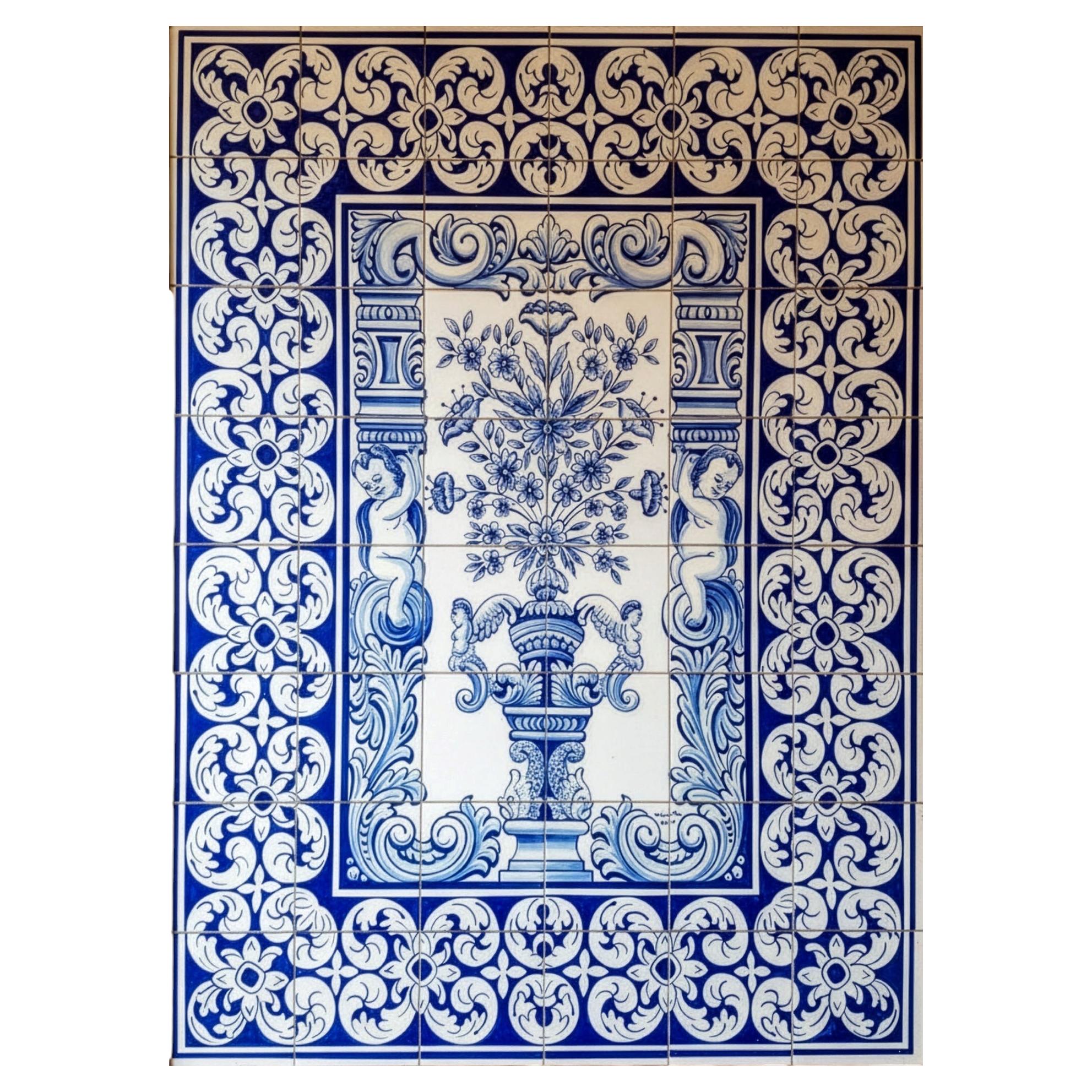 Albarrada Cherubs and Flowers Tile Mural - Hand Painted Portuguese Ceramic Tiles For Sale