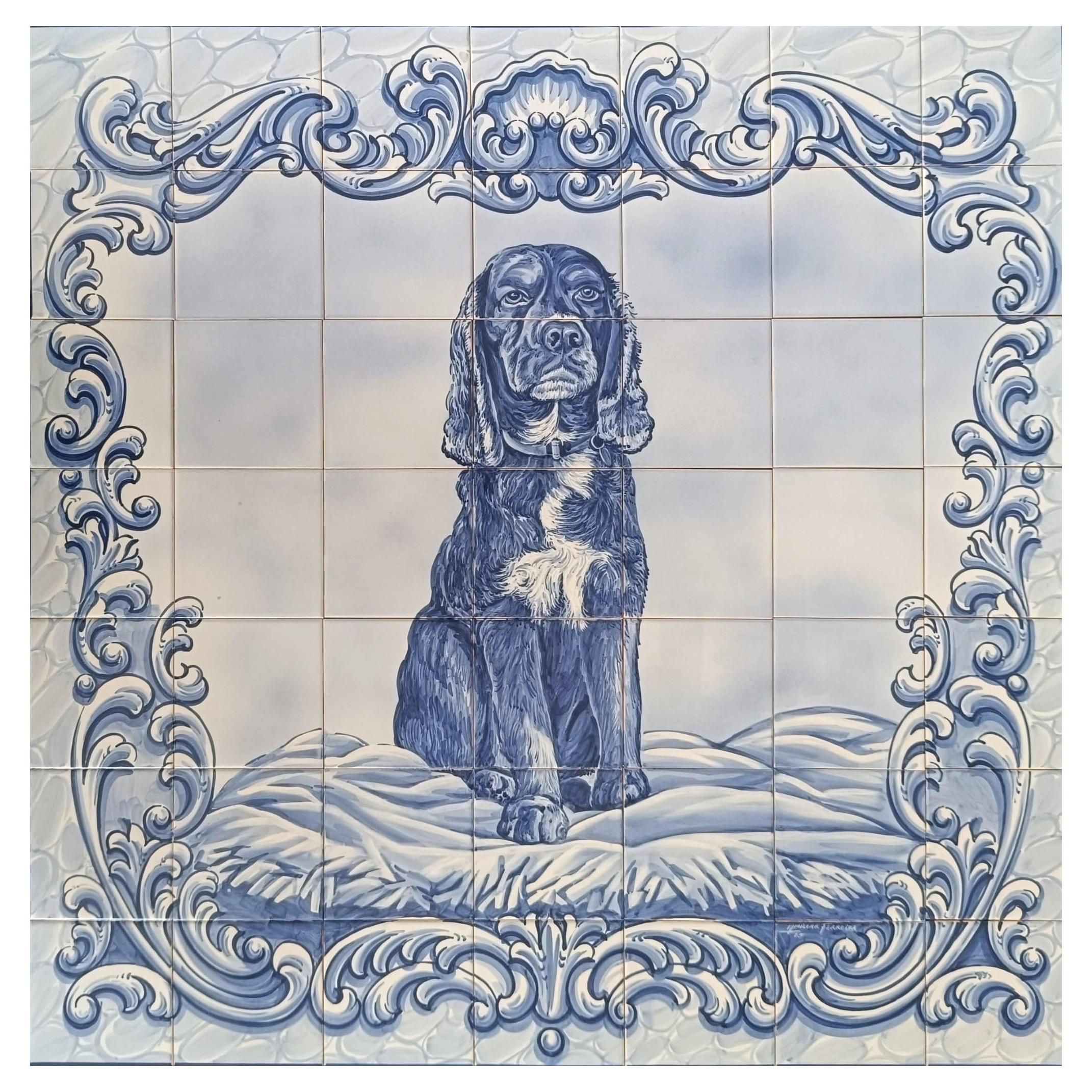 Dog Tile Mural - Hand Painted Portuguese Tiles Azulejos "Dog Portrait" For Sale