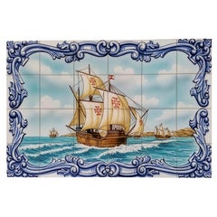 Azulejos Portuguese Decorative Tiles "Ship" Hand Painted and Signed by Artist