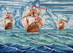 Portuguese Azulejos Tile Mural "Ships" Hand Painted & Signed by Artist