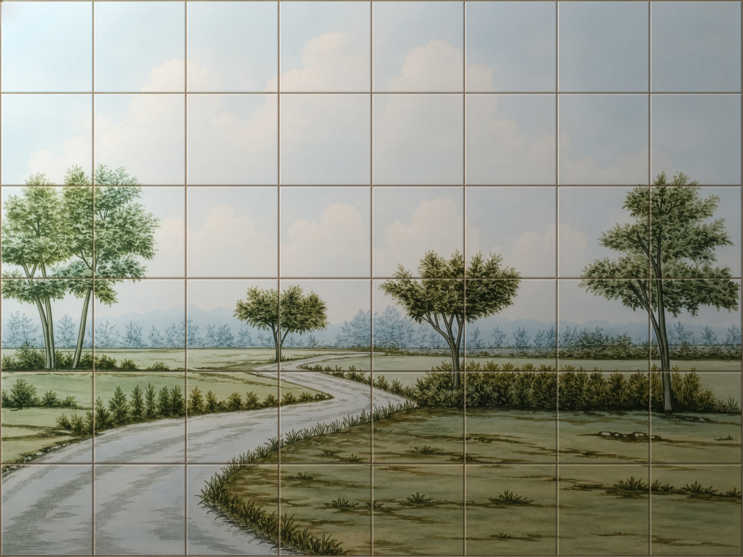 Portuguese Tile Mural "Countryside" Hand Painted & Signed by Artist For Sale