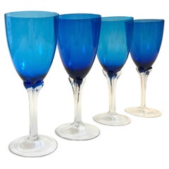 Blue Blown Glass Wine Glasses - Set of 4