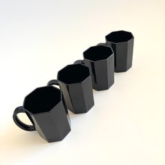 Postmodern Black Octagon Milk Glass Mugs, Set of 4, Octime by Arcoroc, France