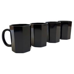 Postmodern Black Octagon Milk Glass Mugs, Set of 4, Octime by Arcoroc, France