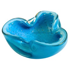MCM Alfredo Barbini Murano Art Glass Bowl, Bullicante Blue, Italy 1960s