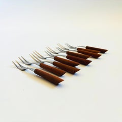 Mid Century Cocktail Forks - Set of 9, Stainless Steel with Wood Handles, Japan