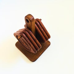 Untersetzer-Set aus Teakholz im Mid-Century-Stil, 6er-Set hängende Untersetzer mit Ständer, 1970er Jahre