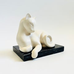 Vintage Deco Style Cat Bookend on Black Marble Base, Circa 1980s