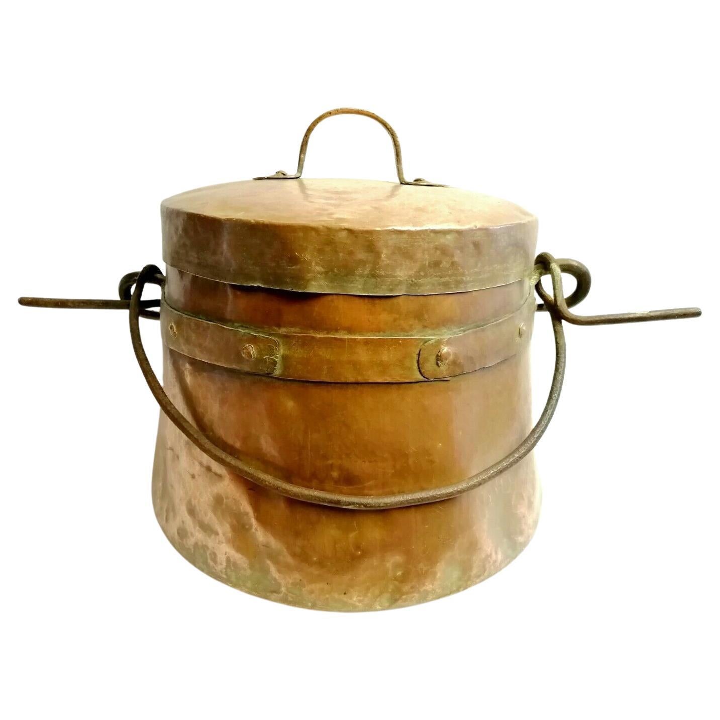 Antique French Vintage Large Hand Forged Hammered Copper Cauldron Pot with Lid