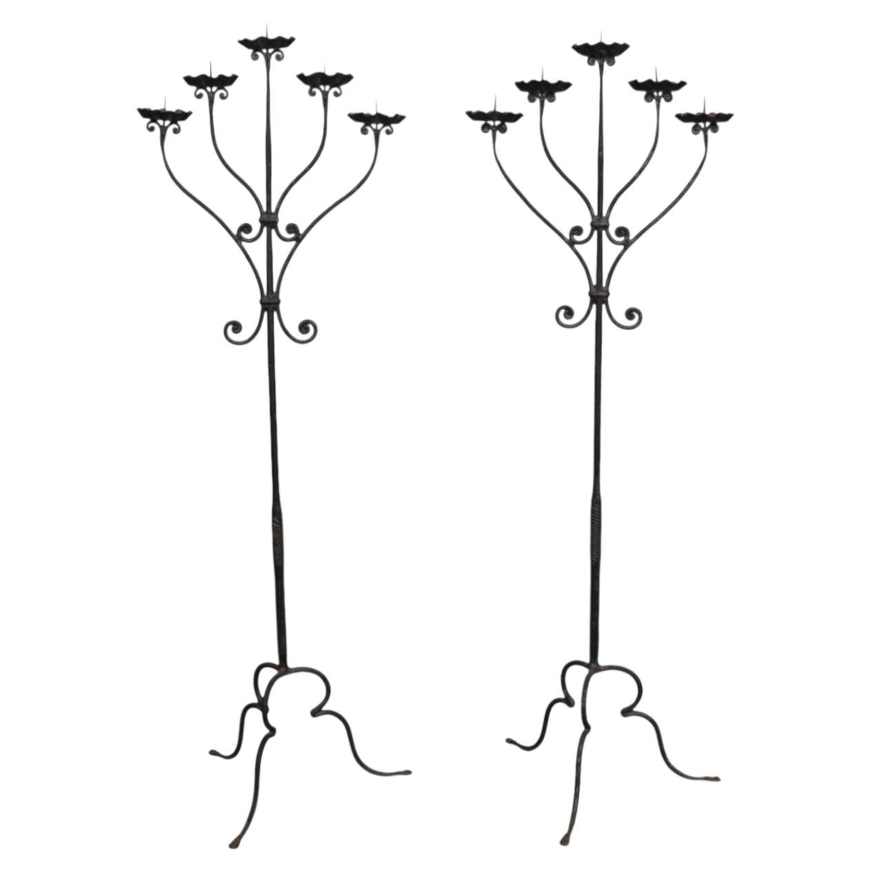 Renaissance Revival Wrought Iron Floor Candelabra, a Pair For Sale