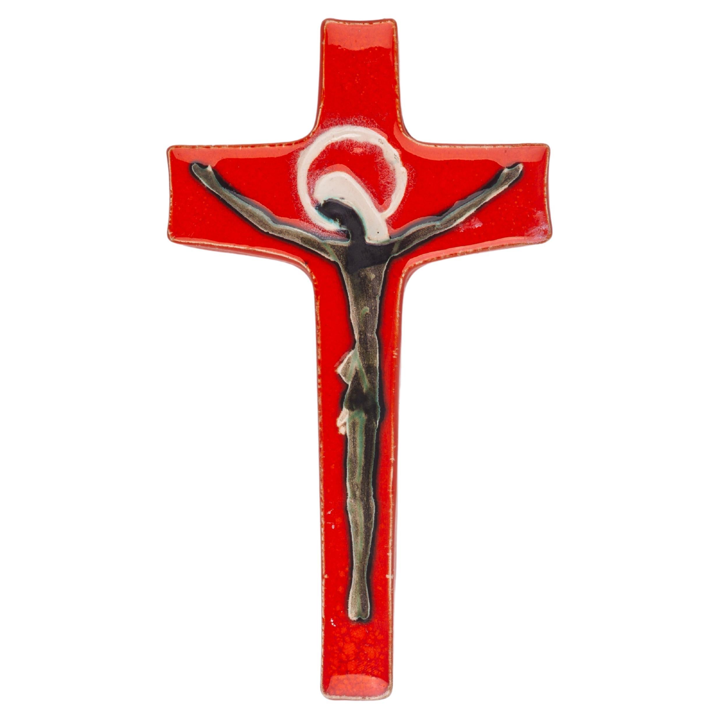 Leuchtend orangefarbenes, glänzendes Kreuz, abstrakte Christusfigur, modernistische religiöse Kunst im Angebot