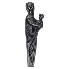 Retro Ceramic Religious Modernist Wall Art, Pewter Colored Virgin Mary and Child 