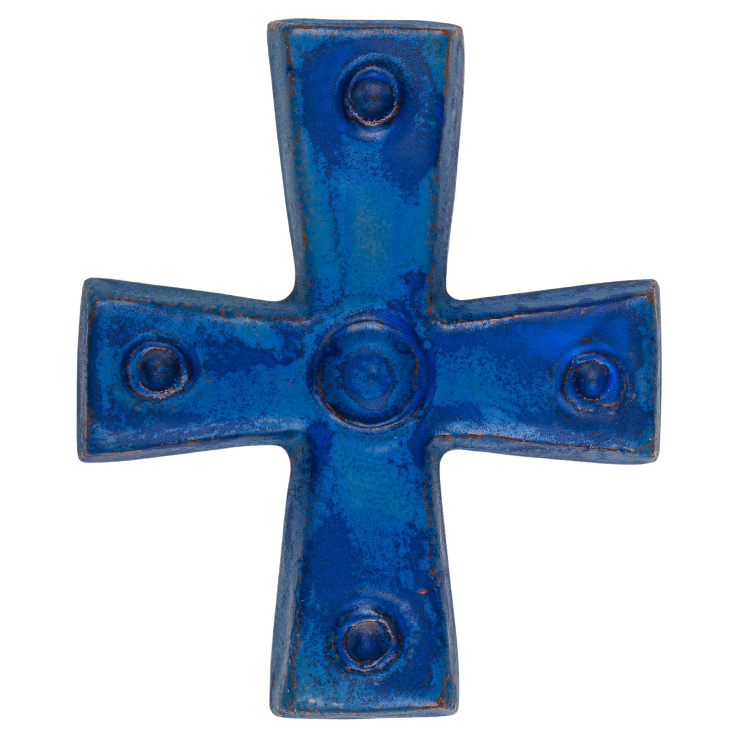 Blue Ceramic Cross with Circular Embellishments, Unique Religious Collectible For Sale