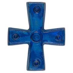 Retro Blue Ceramic Cross with Circular Embellishments, Unique Religious Collectible