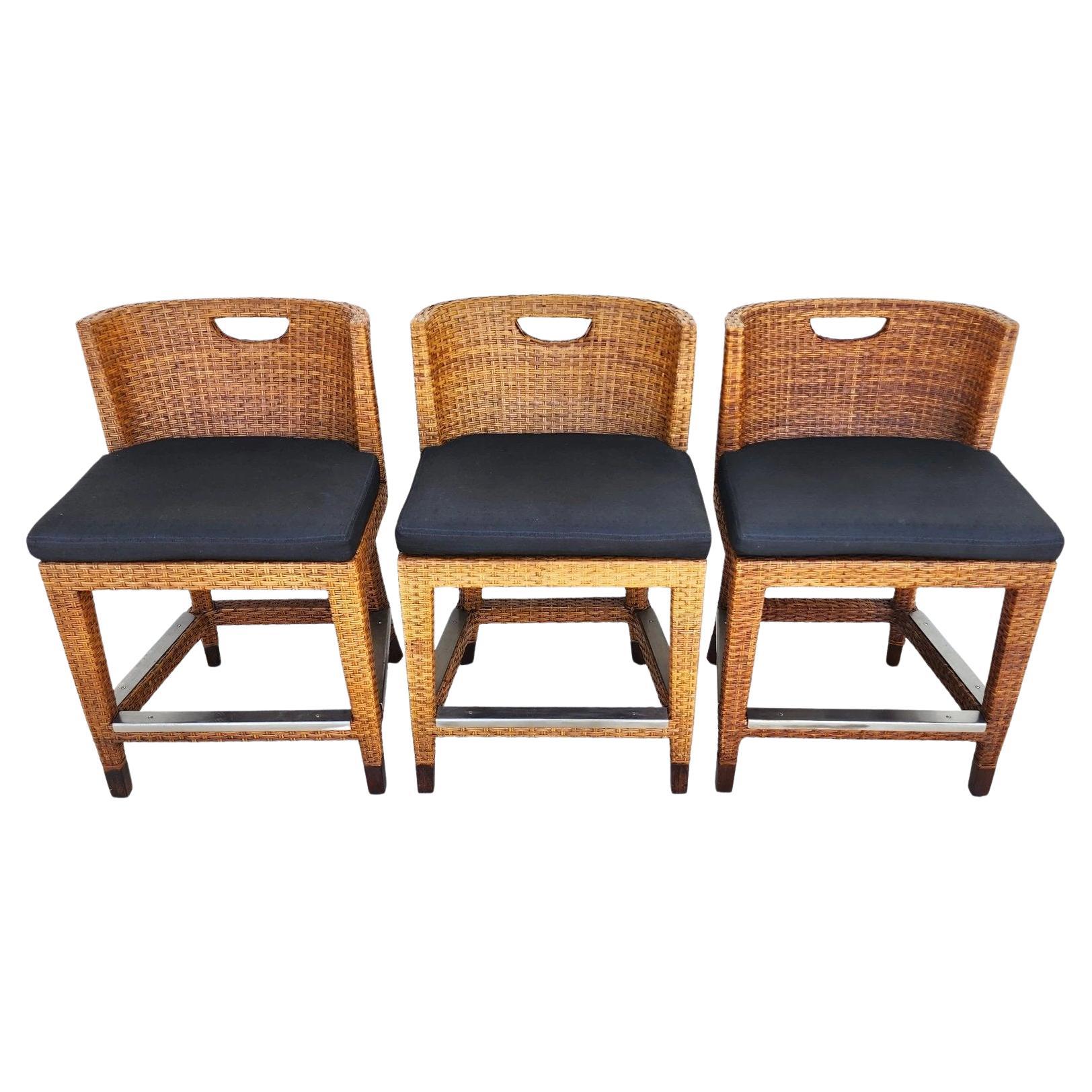 Ficks Reed MCM Wicker Counter Stools Set of 3 For Sale