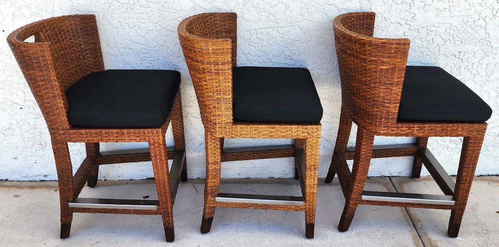 Mid-Century Modern Ficks Reed MCM Wicker Counter Stools Set of 3 For Sale