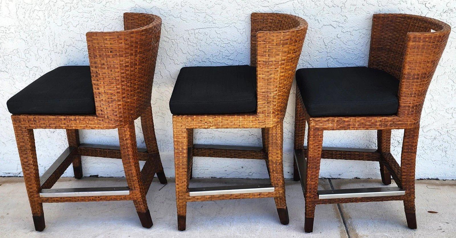 Late 20th Century Ficks Reed MCM Wicker Counter Stools Set of 3 For Sale