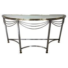 Vintage Hollywood Regency Demilune Chrome & Brass Console Table