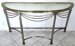 Vintage Hollywood Regency Demilune Chrome & Brass Console Table