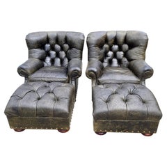 Juego vintage de sillón y otomana de cuero Chesterfield inglés de Henredon Ralph Lauren