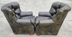 Vintage Henredon Ralph Lauren English Chesterfield Leather Chair & Ottoman Pair