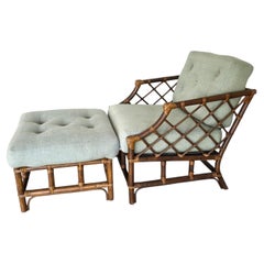 1960s Chinese Chippendale McGuire Style Lounge Chair & Ottoman