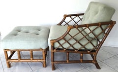 1960s Chinese Chippendale McGuire Style Lounge Chair & Ottoman