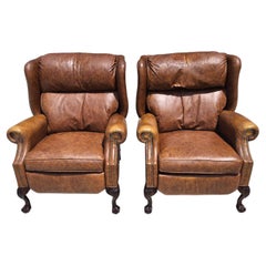 Vintage MOTIONCRAFT Chippendale Leather Wingback Recliners Ball & Claw Pair