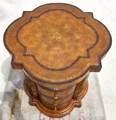 Maitland Smith English Regency Tooled Leather Quatrefoil Drum Chest Side Table