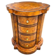 Maitland Smith English Regency Tooled Leather Quatrefoil Drum Chest Side Table
