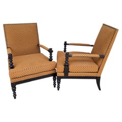 Jacobean Louis XIII Style Bobbin Turned Lounge Armchairs Ebonized Nailhead Pair