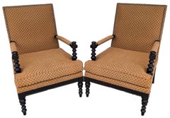 Jacobean Louis XIII Style Bobbin Turned Lounge Armchairs Ebonized Nailhead Pair