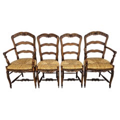 Antique French Country Carved Ladder Back Rush Seat Dining Chairs, Set of 4
