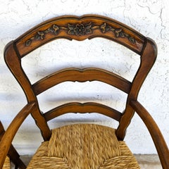 Antique French Country Carved Ladder Back Rush Seat Dining Chairs, Set of 4