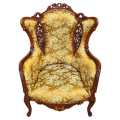 Victorian Rococo Revival Carved Bird Crest Music Room Wingback Armchair