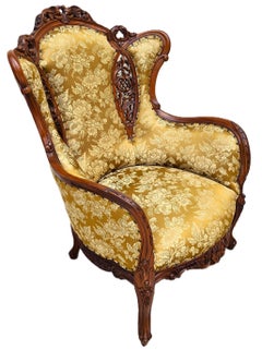 Victorian Rococo Revival Carved Bird Crest Music Room Wingback Armchair