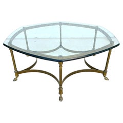 Vintage LaBarge Hexagonal Brass Hoof Footed Glass Top Coffee Table
