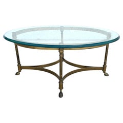 Vintage LaBarge Oval Brass Hoof Footed Glass Top Coffee Table