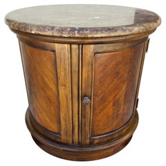 Vintage Round Brown Marble Top Drum Side End Center Table With Storage Cabinet