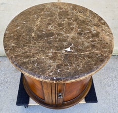 Vintage Round Brown Marble Top Drum Side End Center Table With Storage Cabinet