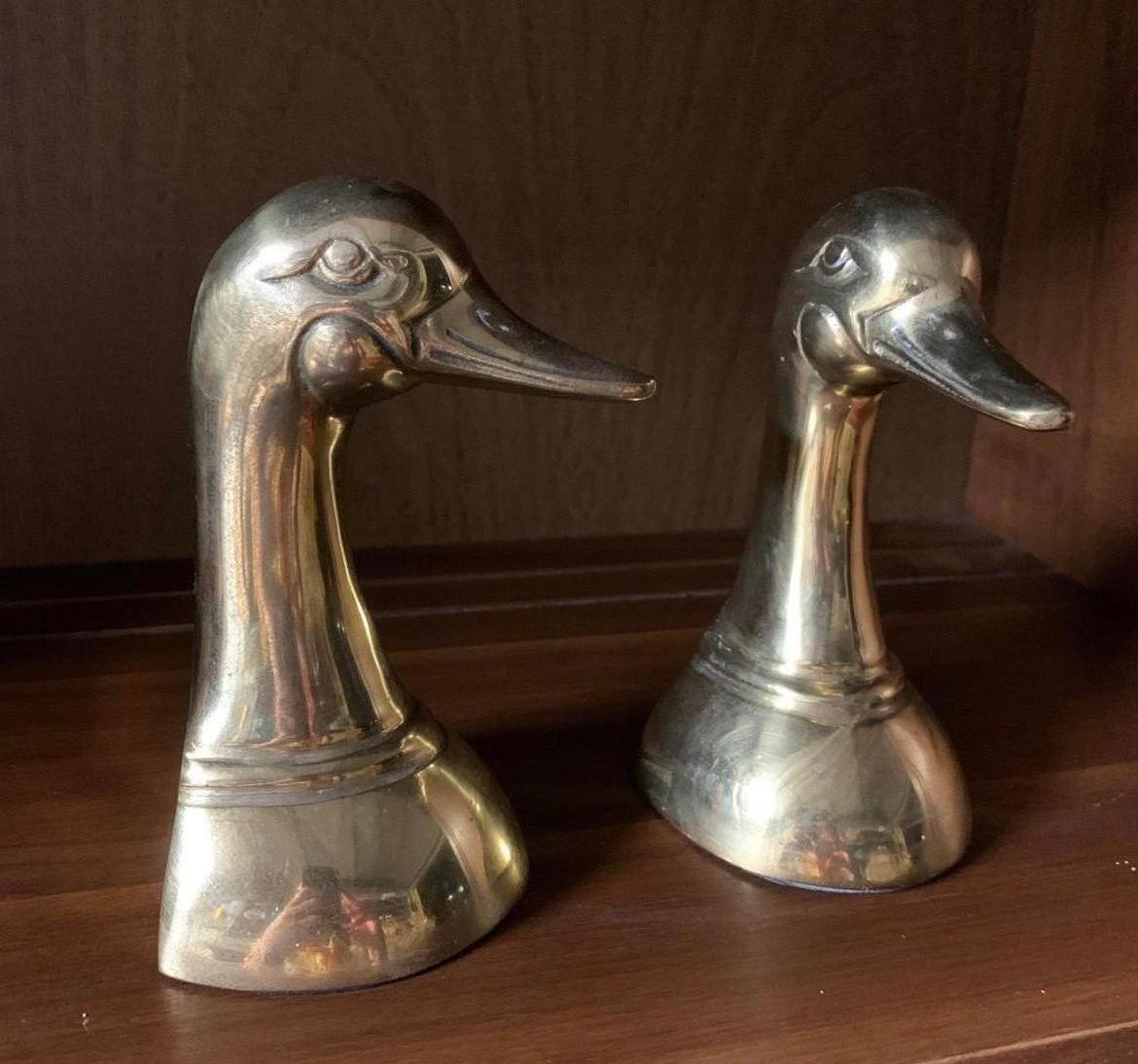 Unknown Vintage Cast Brass Duck Head Bookends, a Pair