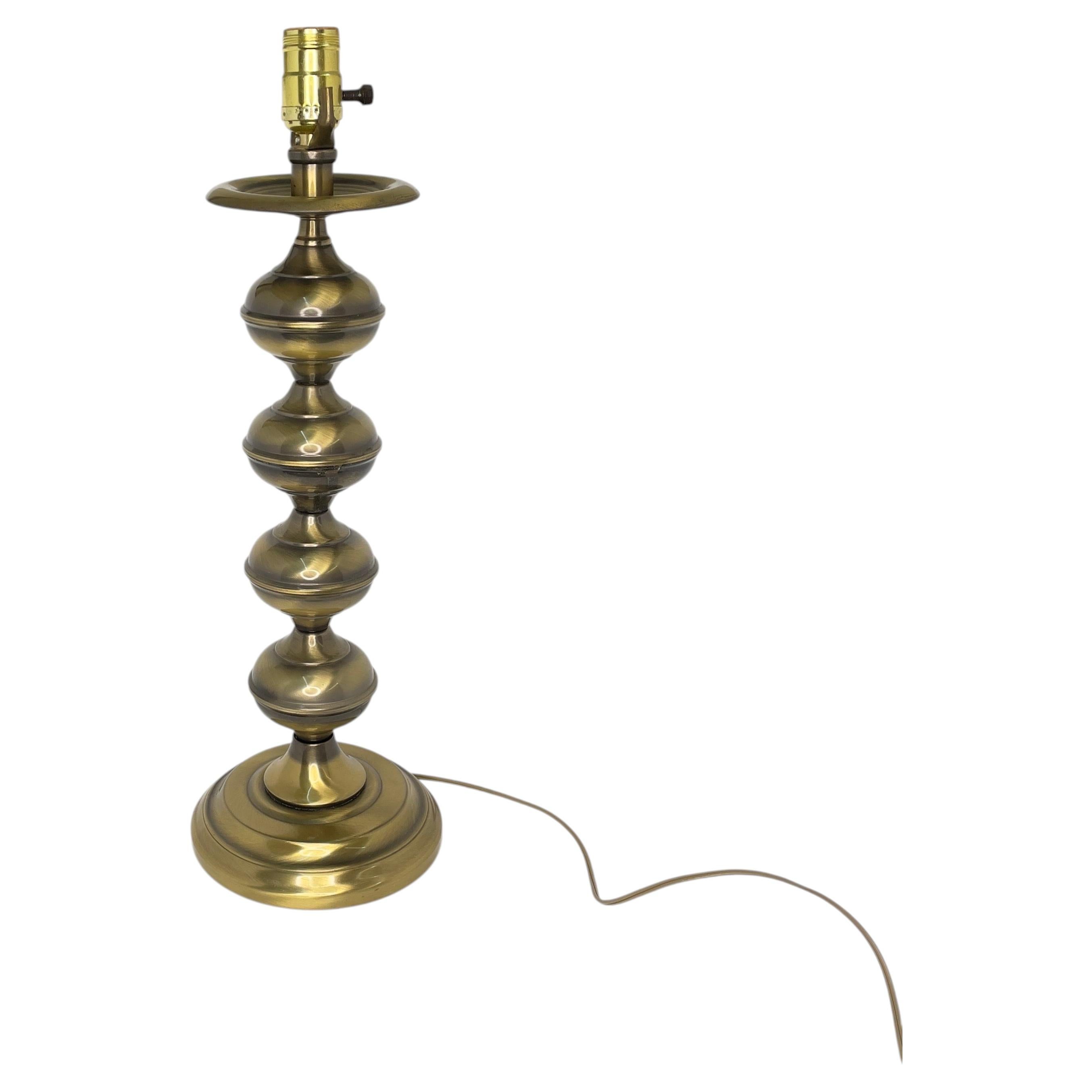 Mid Century Modern Brass Turned Table Lamp With Shade- 2 Pieces For Sale