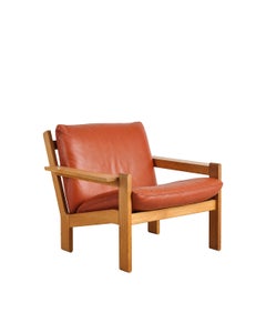 Tage Poulsen Brutalist Armchair, Solid Oak with Cognac Leather Cushions, 1970s