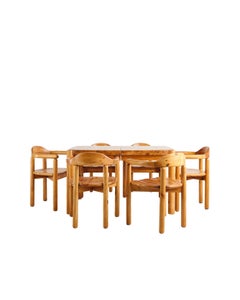 Set da pranzo in pino di Rainer Daumiller, tavolo allungabile e sei poltrone, anni ’70