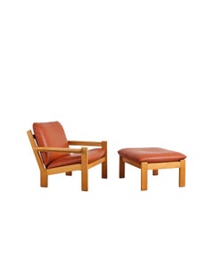 Tage Poulsen Oak Easy Chair with Matching Footstool, Cognac Leather, Denmark