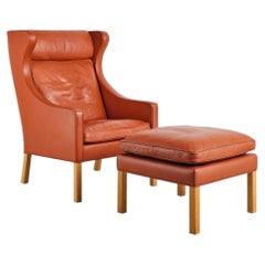Børge Mogensen 2204 Wing Chair and 2202 Ottoman, Red-Brown Leather, Fredericia