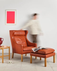 Børge Mogensen 2204 Wing Chair and 2202 Ottoman, Red-Brown Leather, Fredericia