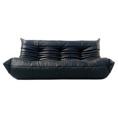 French Vintage Togo Sofa in Black Leather by Michel Ducaroy for Ligne Roset