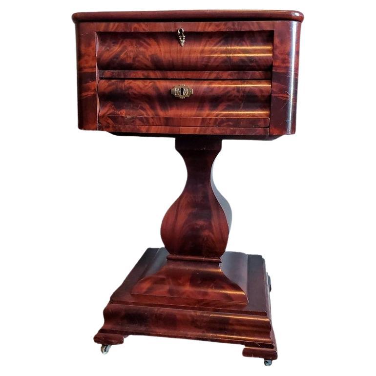 Early American Classical Empire Period Flame Mahogany Sewing Stand Work Table For Sale